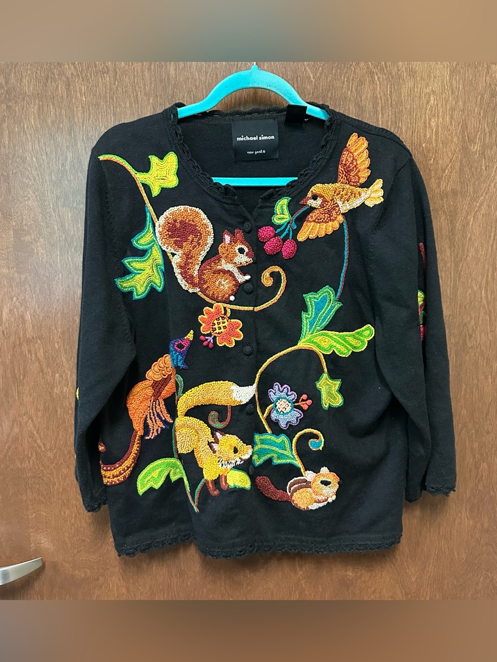 Michael Simon Wearable Art sweater cardigan embroidered animals 2002